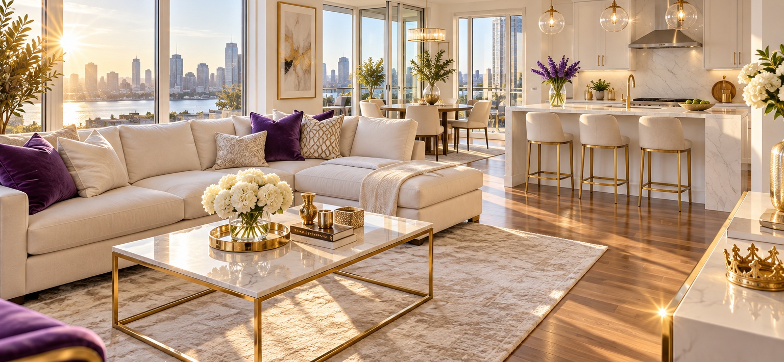 Bright, elegantly styled living room and kitchen
